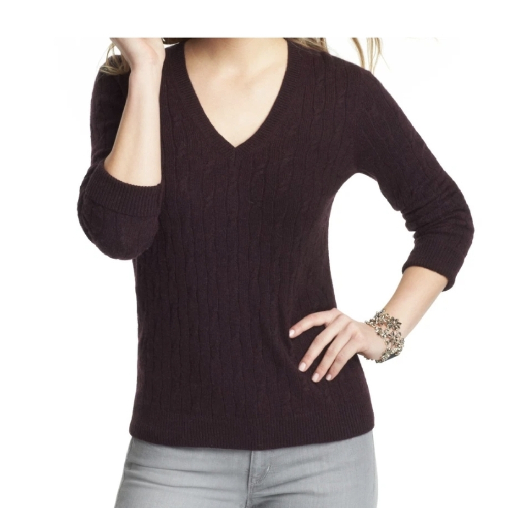 Loft V-Neck Cable Knit Sweater - Cordovan Heather Sz.M NWT